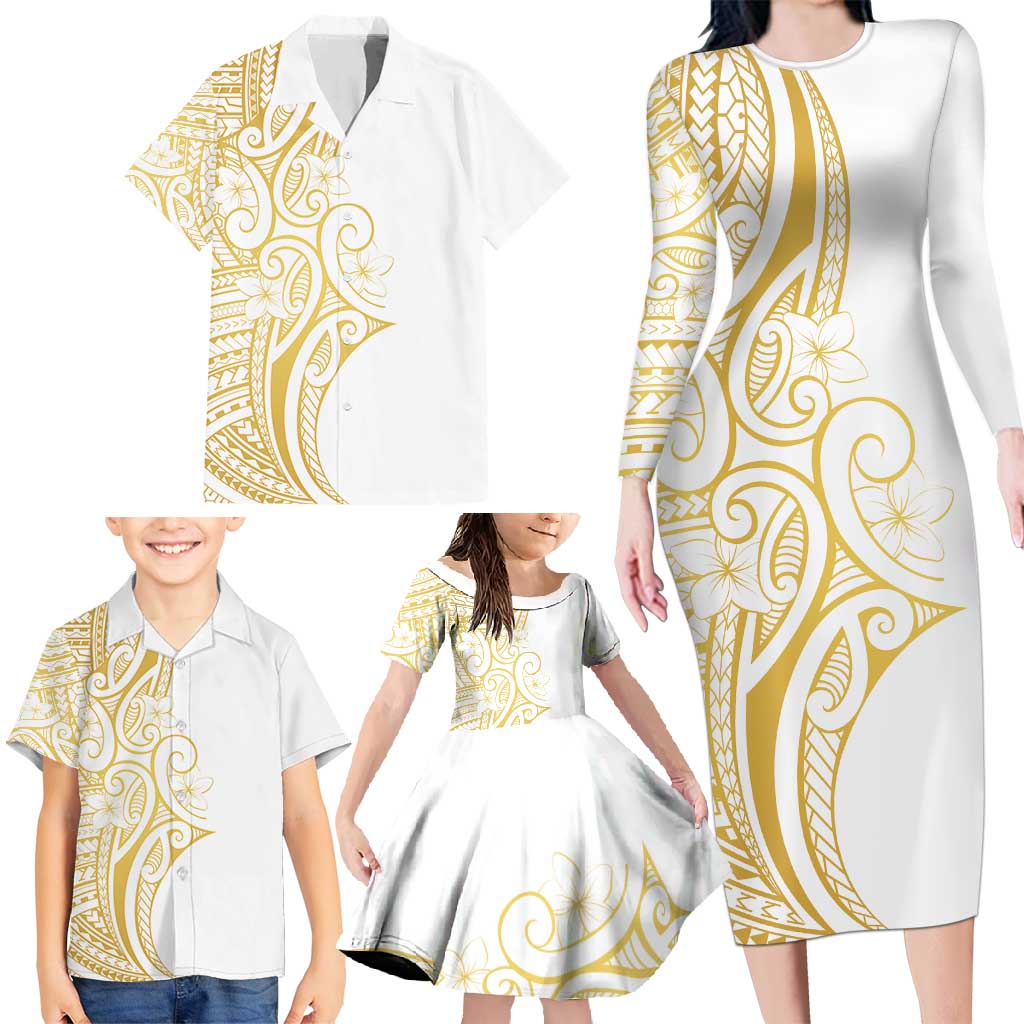 Polynesia White Sunday Family Matching Long Sleeve Bodycon Dress and Hawaiian Shirt Plumeria Polynesian Tribal Gold Color - Polynesian Pride