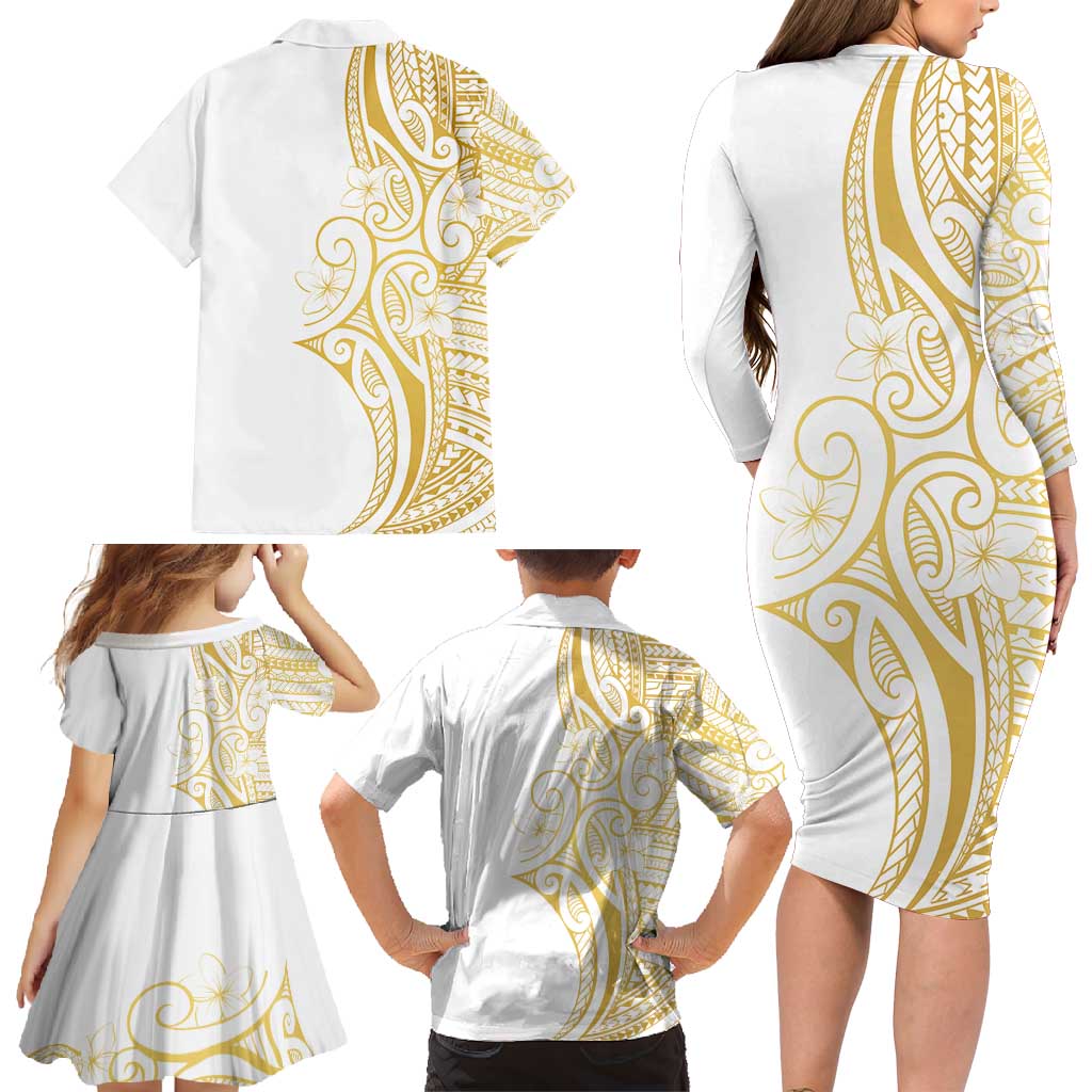Polynesia White Sunday Family Matching Long Sleeve Bodycon Dress and Hawaiian Shirt Plumeria Polynesian Tribal Gold Color - Polynesian Pride