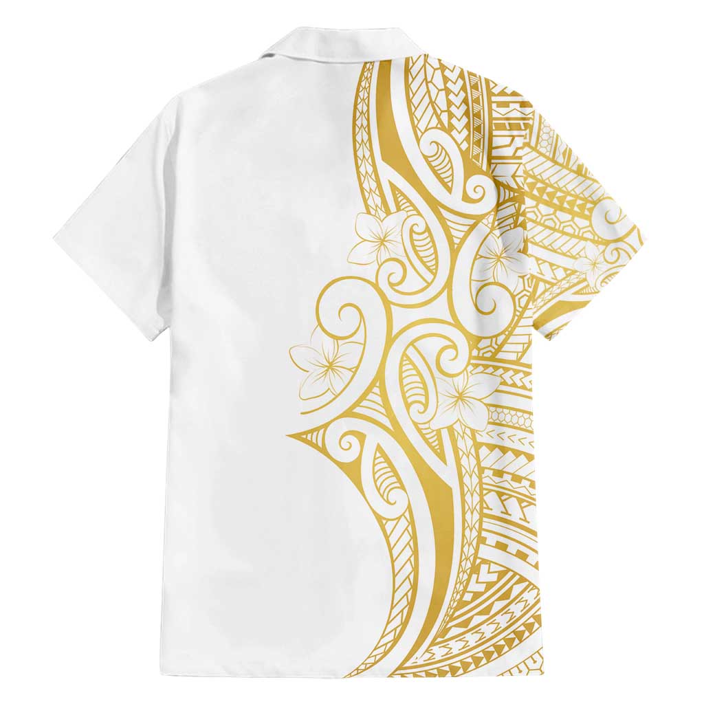 Polynesia White Sunday Family Matching Long Sleeve Bodycon Dress and Hawaiian Shirt Plumeria Polynesian Tribal Gold Color - Polynesian Pride