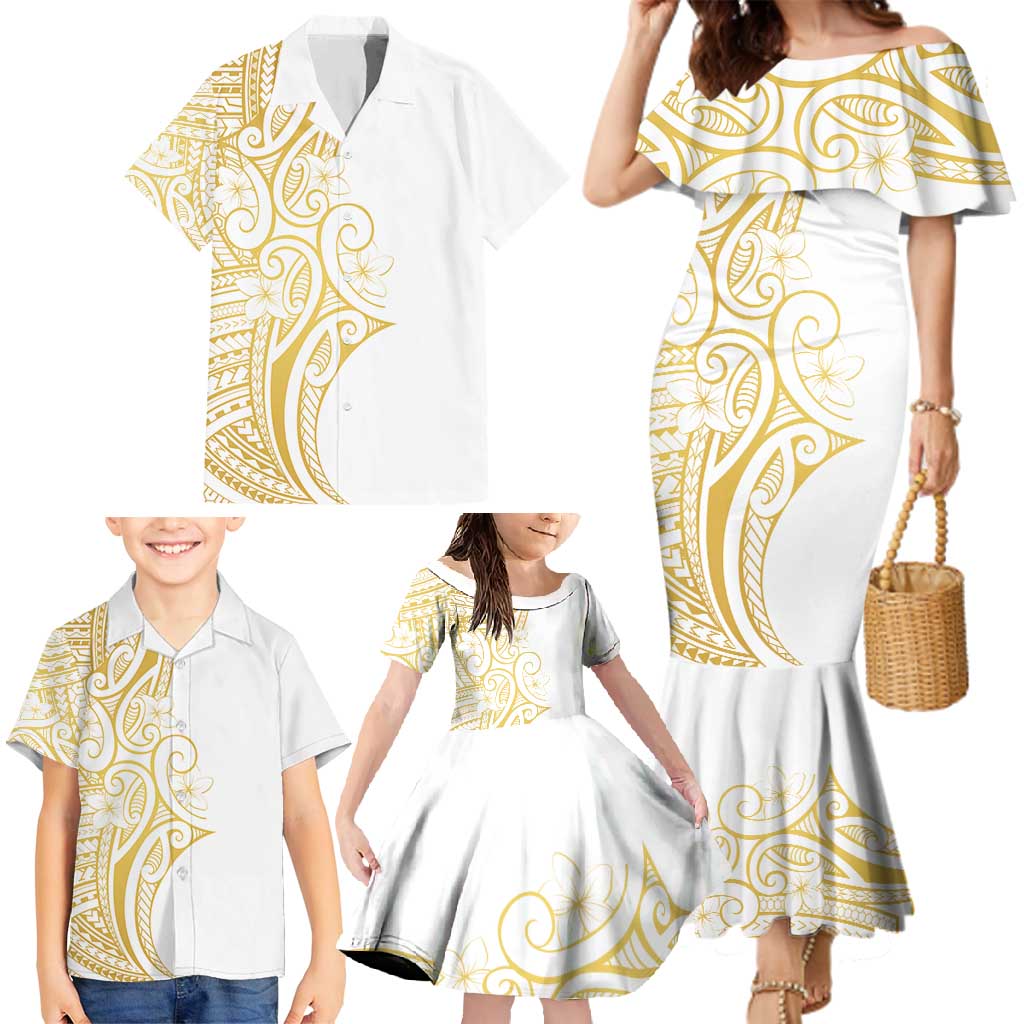 Polynesia White Sunday Family Matching Mermaid Dress and Hawaiian Shirt Plumeria Polynesian Tribal Gold Color - Polynesian Pride