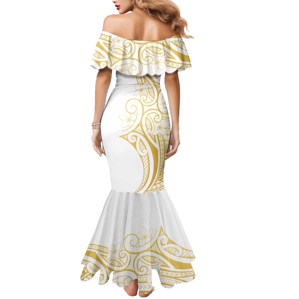 Polynesia White Sunday Family Matching Mermaid Dress and Hawaiian Shirt Plumeria Polynesian Tribal Gold Color - Polynesian Pride