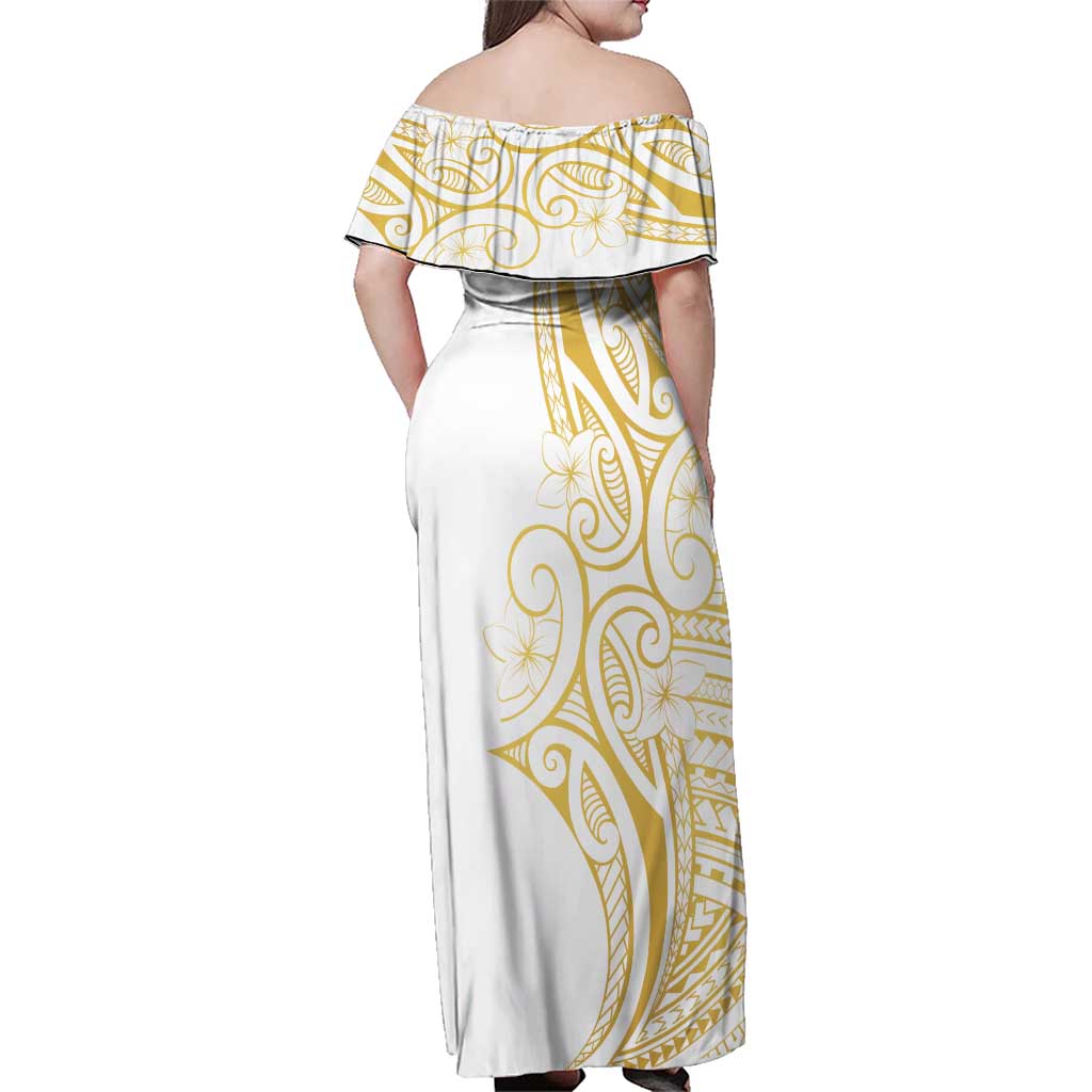 Polynesia White Sunday Family Matching Off Shoulder Maxi Dress and Hawaiian Shirt Plumeria Polynesian Tribal Gold Color - Polynesian Pride