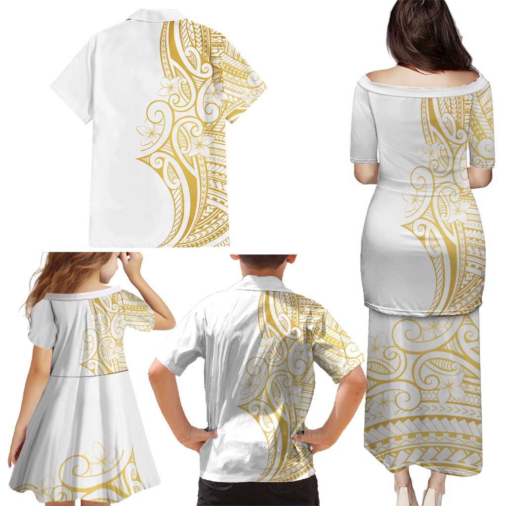 Polynesia White Sunday Family Matching Puletasi and Hawaiian Shirt Plumeria Polynesian Tribal Gold Color - Polynesian Pride