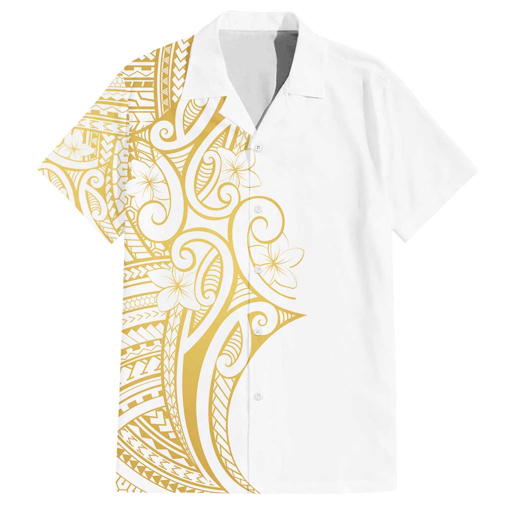Polynesia White Sunday Family Matching Summer Maxi Dress and Hawaiian Shirt Plumeria Polynesian Tribal Gold Color - Polynesian Pride