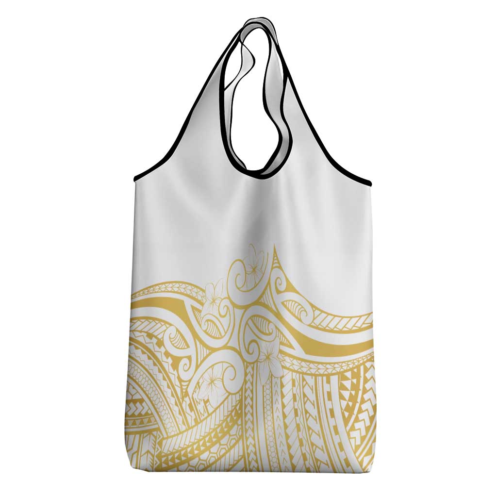 Polynesia White Sunday Grocery Bag Plumeria Polynesian Tribal Gold Color - Polynesian Pride
