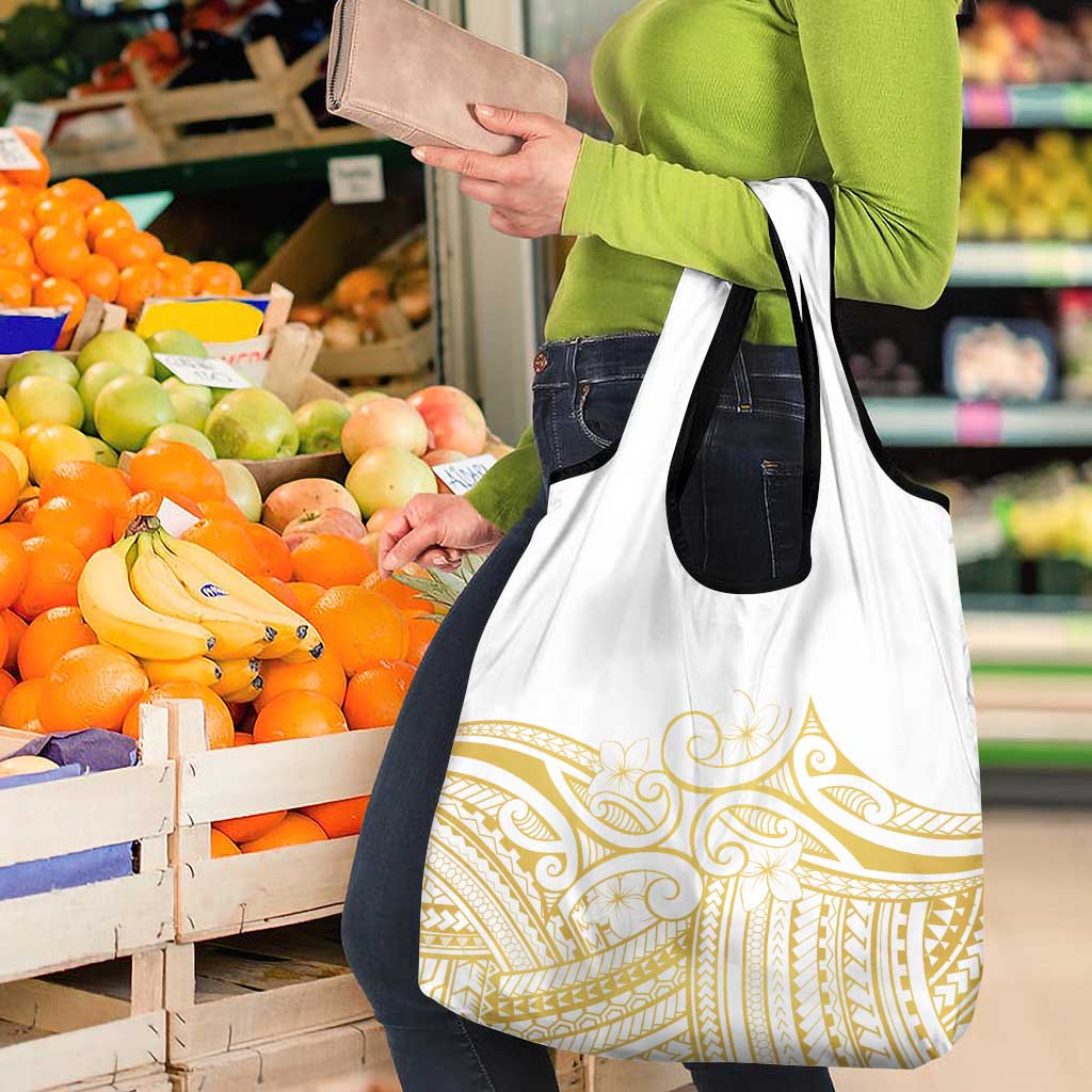 Polynesia White Sunday Grocery Bag Plumeria Polynesian Tribal Gold Color - Polynesian Pride