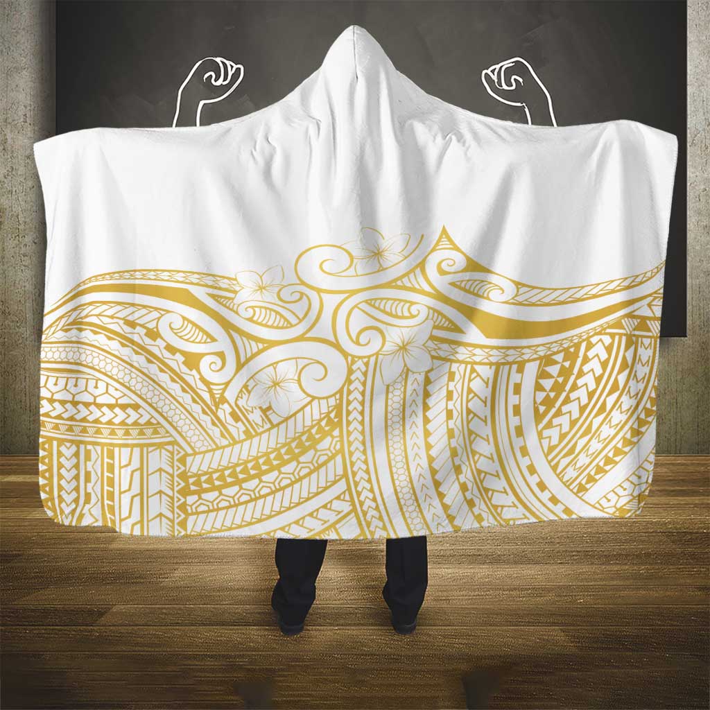 Polynesia White Sunday Hooded Blanket Plumeria Polynesian Tribal Gold Color - Polynesian Pride