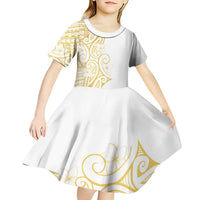 Polynesia White Sunday Kid Short Sleeve Dress Plumeria Polynesian Tribal Gold Color - Polynesian Pride