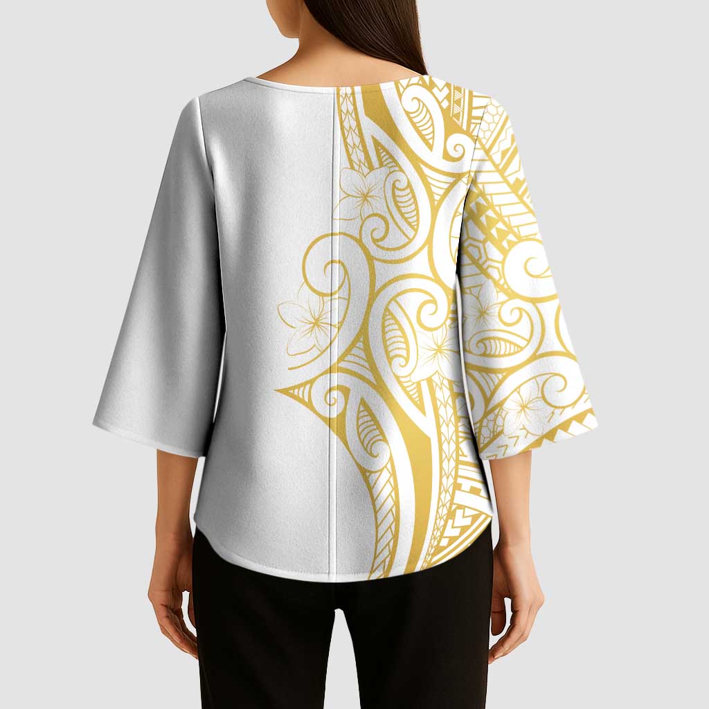 Polynesia White Sunday Kimono Sleeve Blouse Plumeria Polynesian Tribal Gold Color - Polynesian Pride