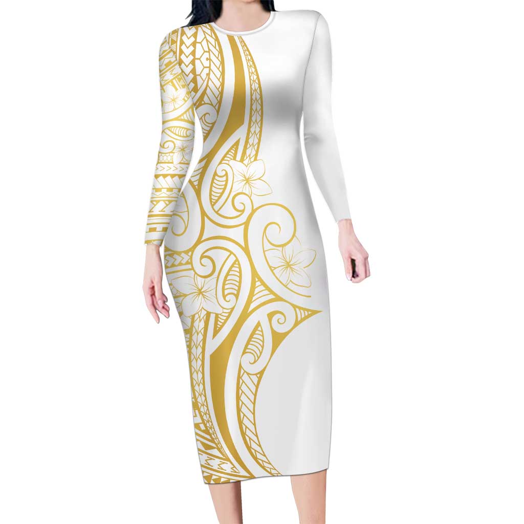 Polynesia White Sunday Long Sleeve Bodycon Dress Plumeria Polynesian Tribal Gold Color - Polynesian Pride
