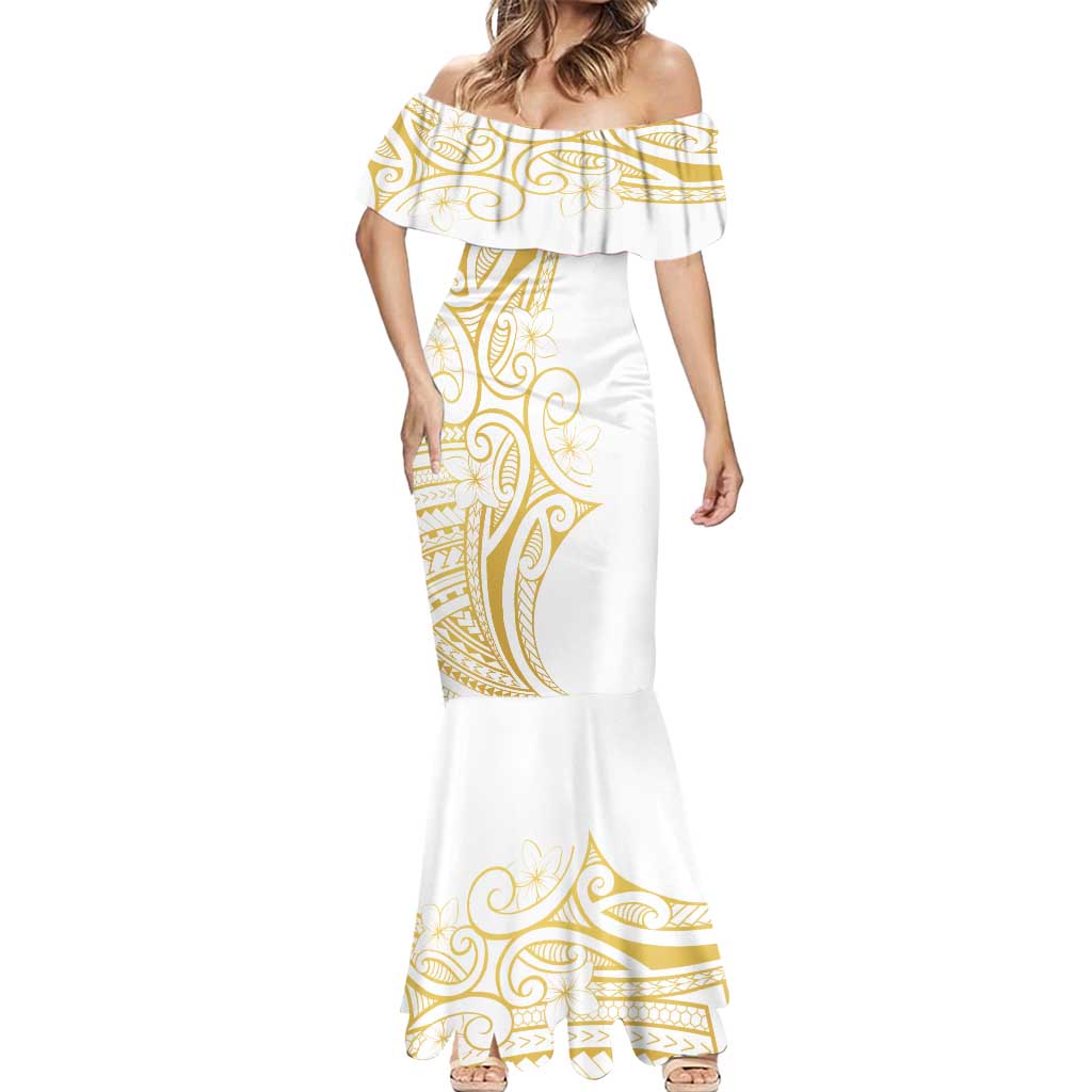 Polynesia White Sunday Mermaid Dress Plumeria Polynesian Tribal Gold Color - Polynesian Pride