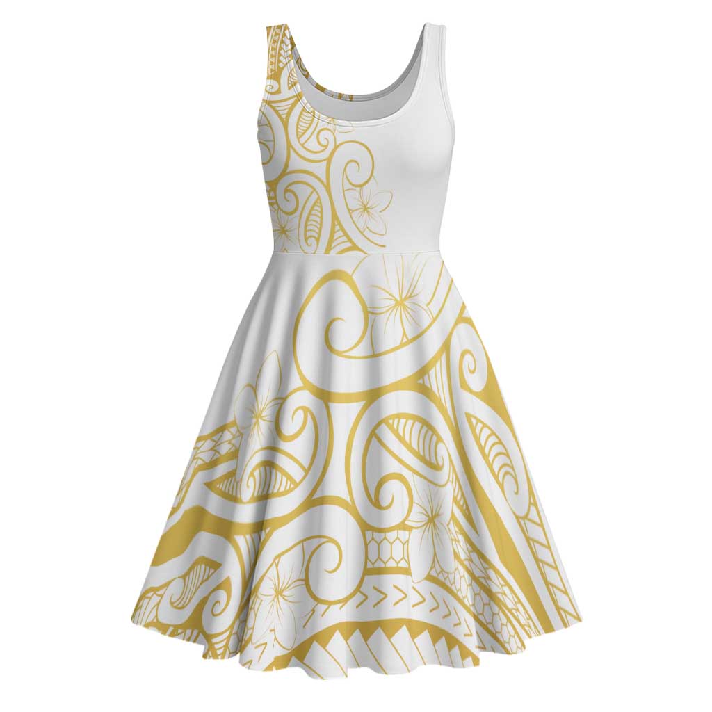 Polynesia White Sunday Midi Dress Plumeria Polynesian Tribal Gold Color - Polynesian Pride