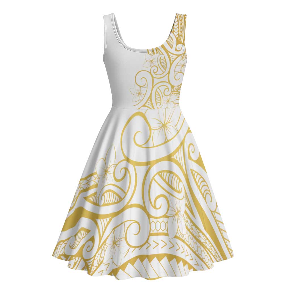 Polynesia White Sunday Midi Dress Plumeria Polynesian Tribal Gold Color - Polynesian Pride