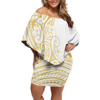 Polynesia White Sunday Off Shoulder Short Dress Plumeria Polynesian Tribal Gold Color - Polynesian Pride