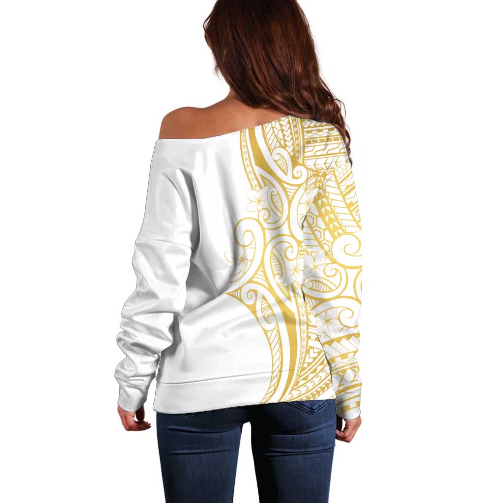 Polynesia White Sunday Off Shoulder Sweater Plumeria Polynesian Tribal Gold Color - Polynesian Pride