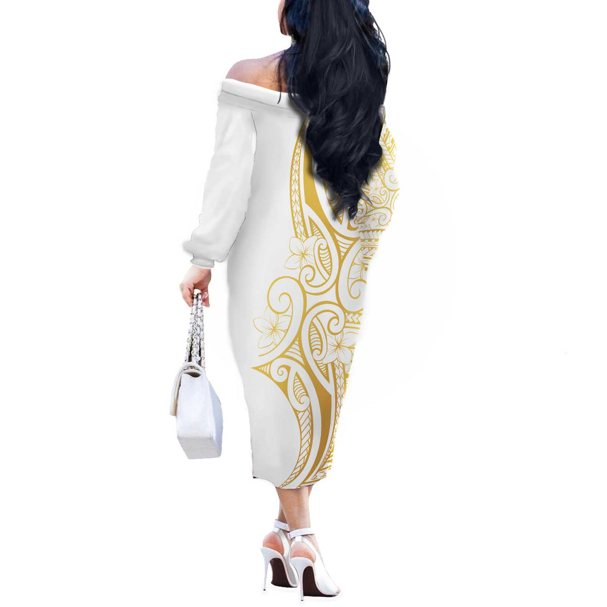 Polynesia White Sunday Off The Shoulder Long Sleeve Dress Plumeria Polynesian Tribal Gold Color - Polynesian Pride