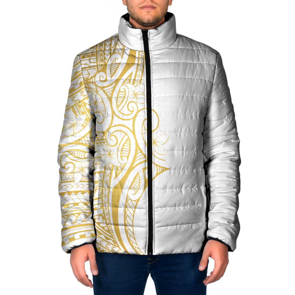Polynesia White Sunday Padded Jacket Plumeria Polynesian Tribal Gold Color - Polynesian Pride