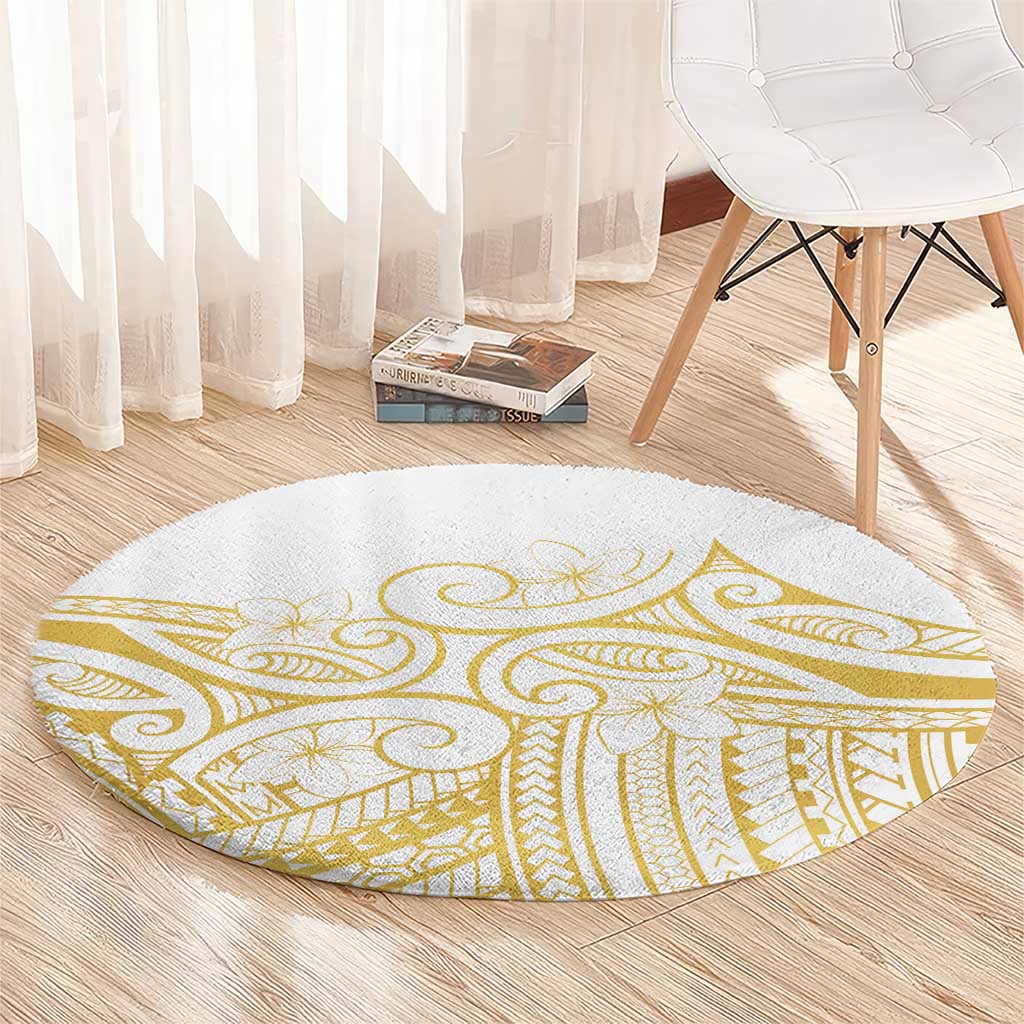 Polynesia White Sunday Round Carpet Plumeria Polynesian Tribal Gold Color - Polynesian Pride