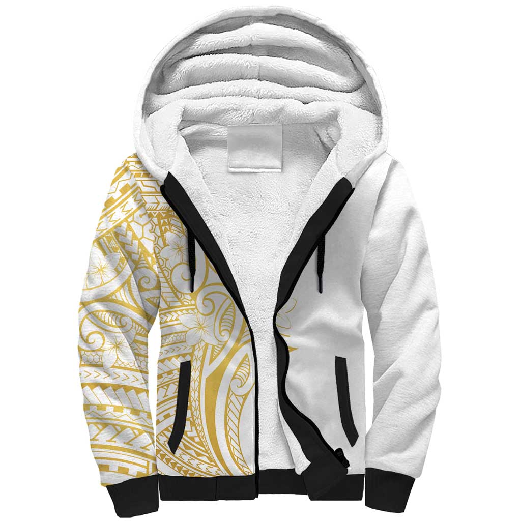 Polynesia White Sunday Sherpa Hoodie Plumeria Polynesian Tribal Gold Color - Polynesian Pride