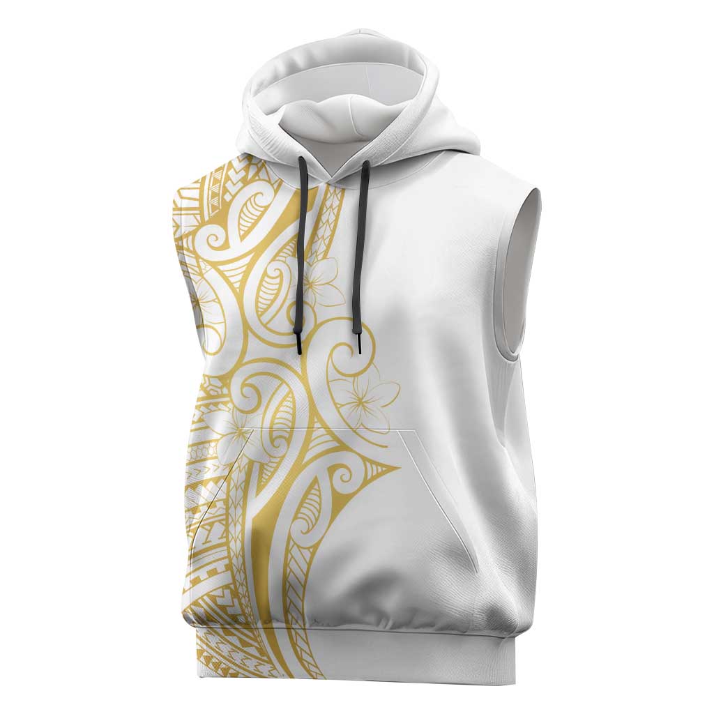 Polynesia White Sunday Sleeveless Hoodie Plumeria Polynesian Tribal Gold Color - Polynesian Pride