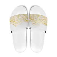 Polynesia White Sunday Slide Sandals Plumeria Polynesian Tribal Gold Color - Polynesian Pride