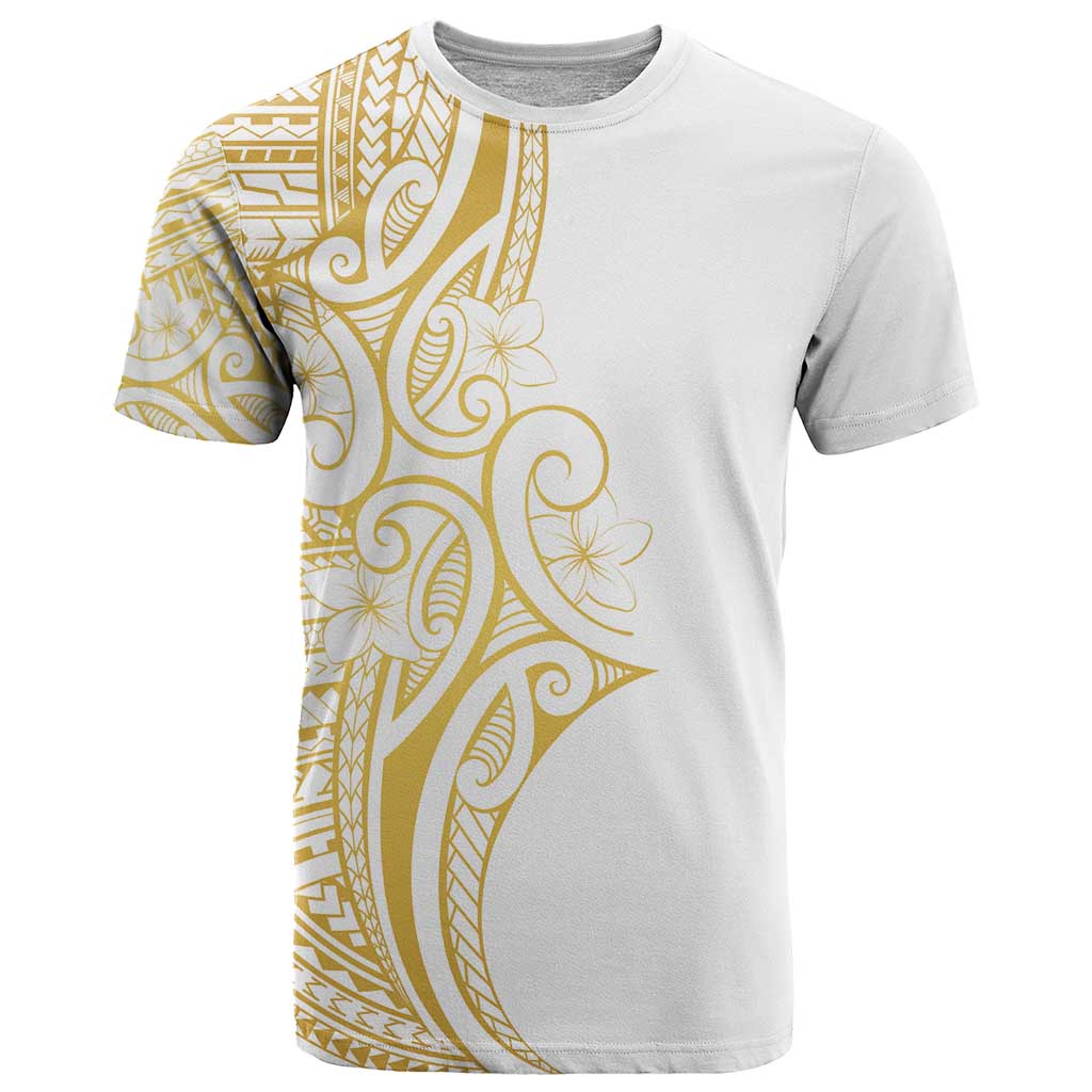 Polynesia White Sunday T Shirt Plumeria Polynesian Tribal Gold Color - Polynesian Pride