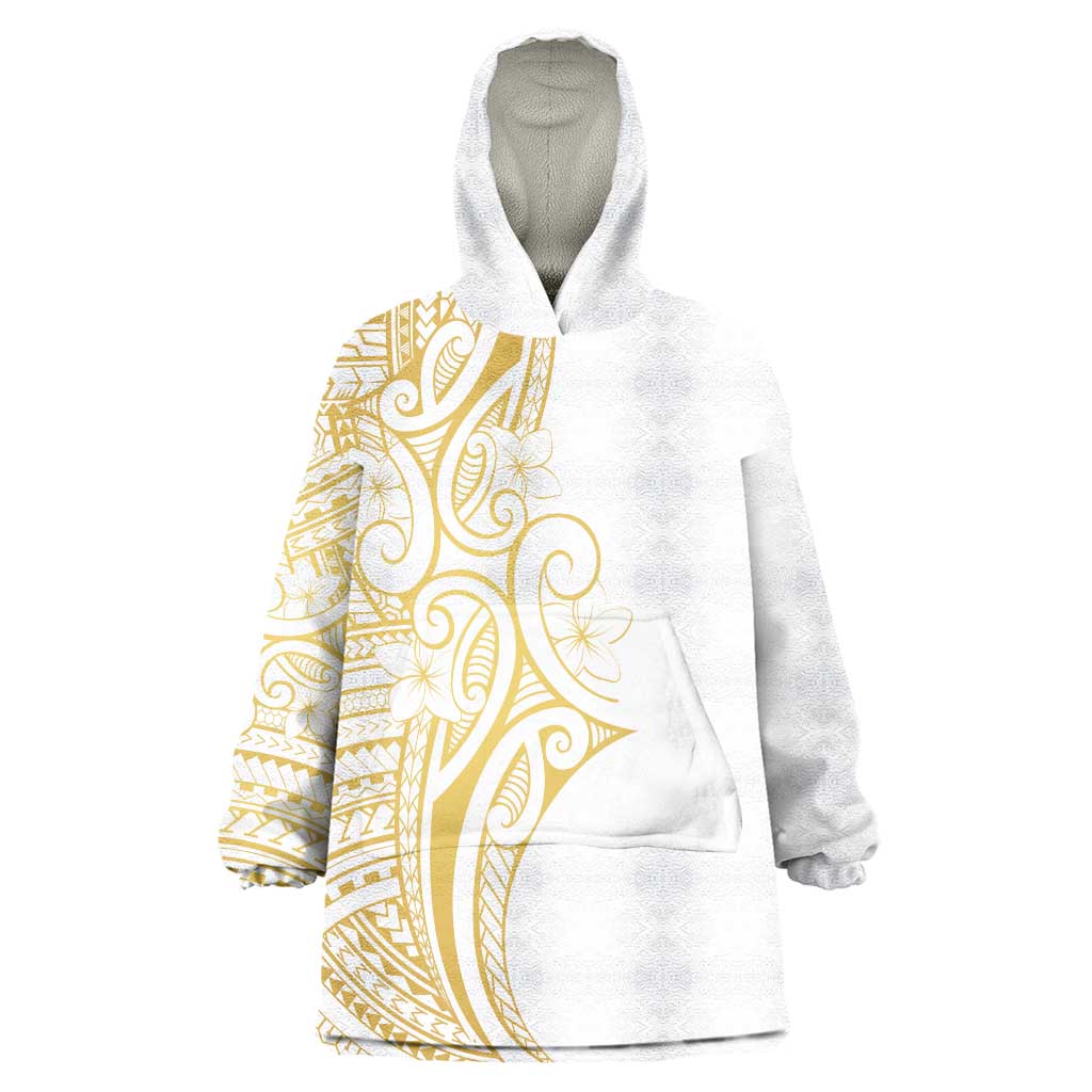 Polynesia White Sunday Wearable Blanket Hoodie Plumeria Polynesian Tribal Gold Color - Polynesian Pride