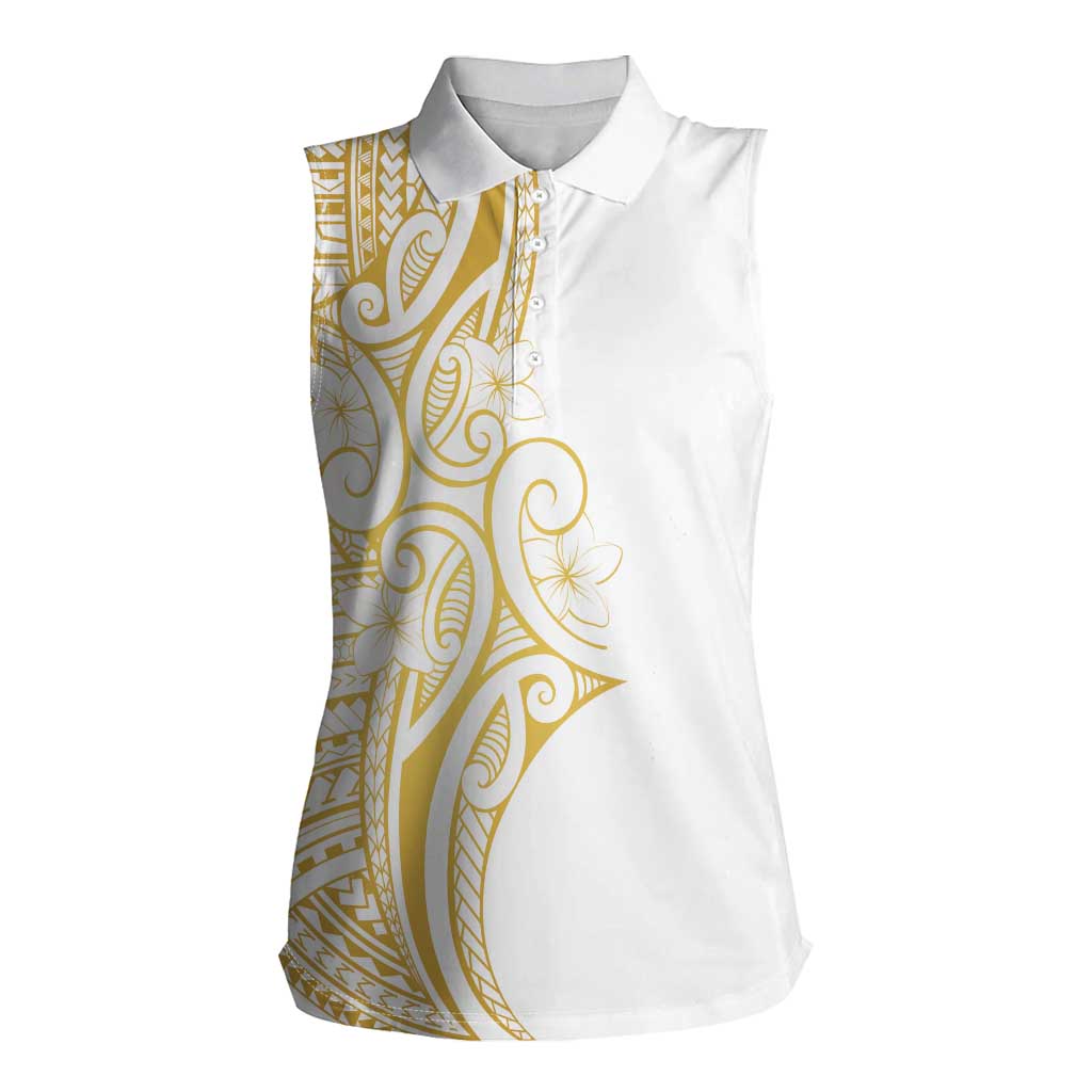 Polynesia White Sunday Women Sleeveless Polo Shirt Plumeria Polynesian Tribal Gold Color - Polynesian Pride