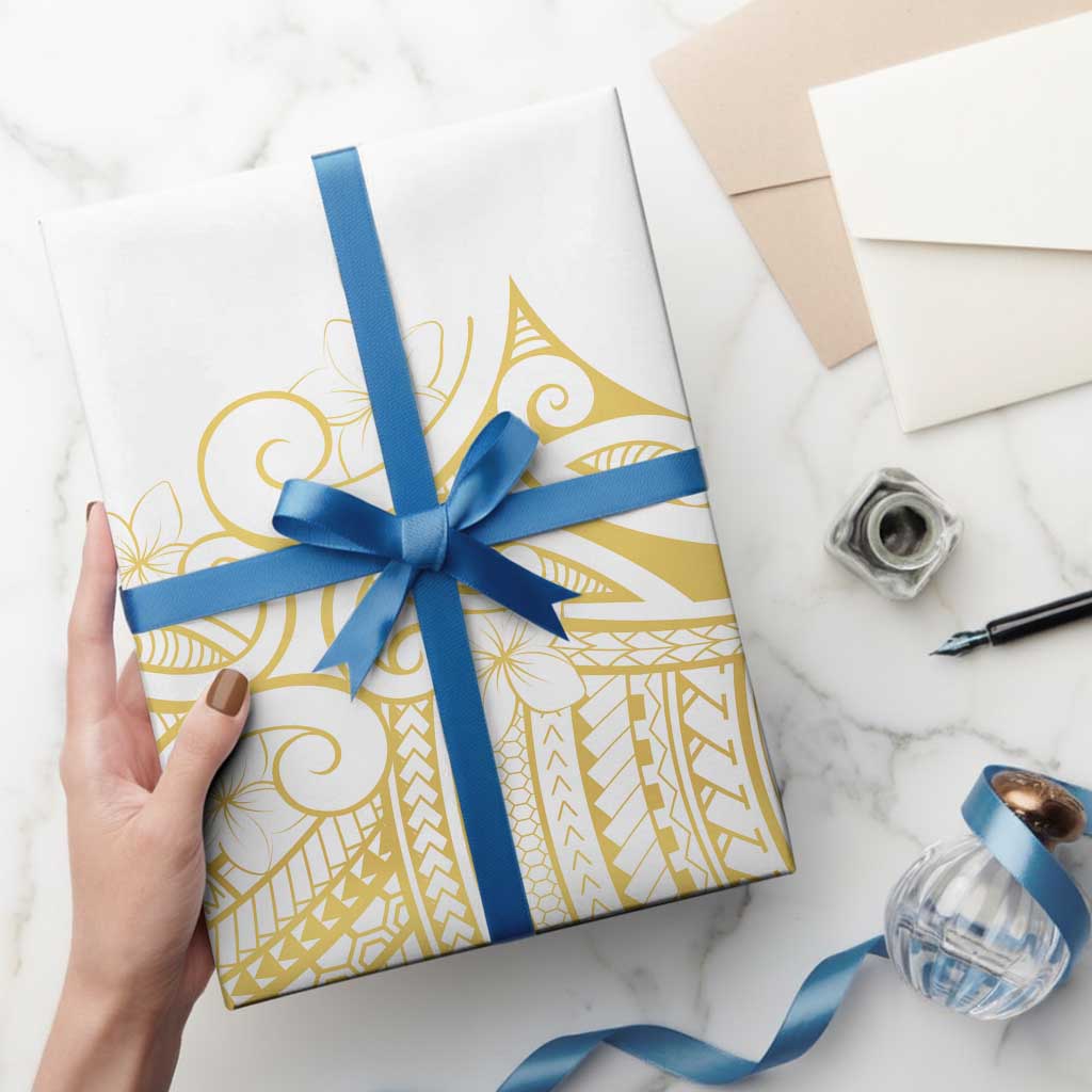 Polynesia White Sunday Wrapping Paper Plumeria Polynesian Tribal Gold Color - Polynesian Pride
