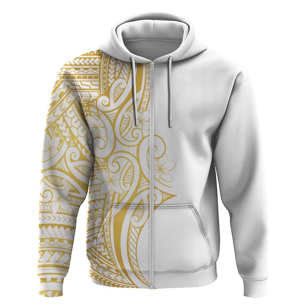 Polynesia White Sunday Zip Hoodie Plumeria Polynesian Tribal Gold Color - Polynesian Pride