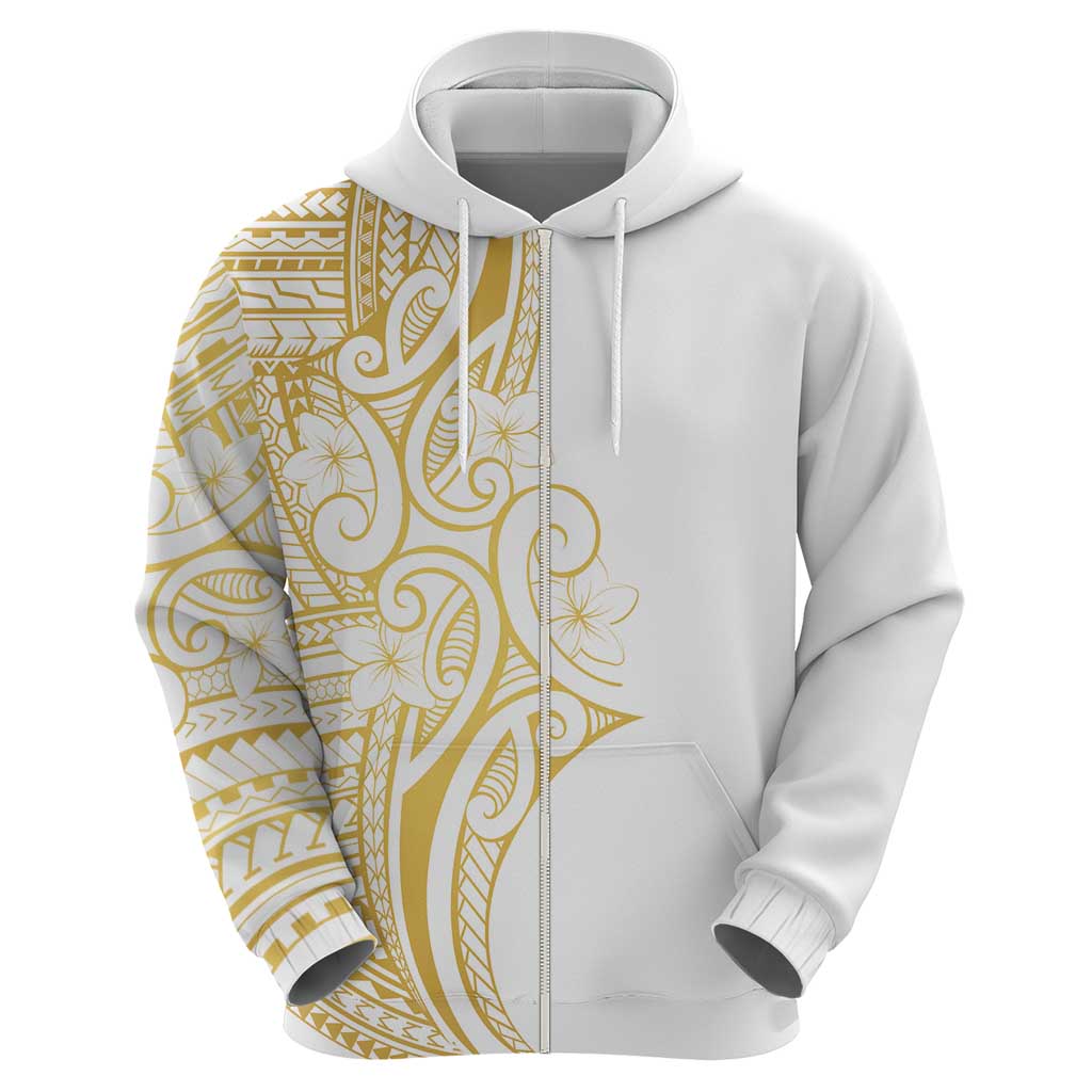 Polynesia White Sunday Zip Hoodie Plumeria Polynesian Tribal Gold Color - Polynesian Pride