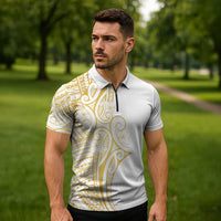 Polynesia White Sunday Zipper Polo Shirt Plumeria Polynesian Tribal Gold Color - Polynesian Pride