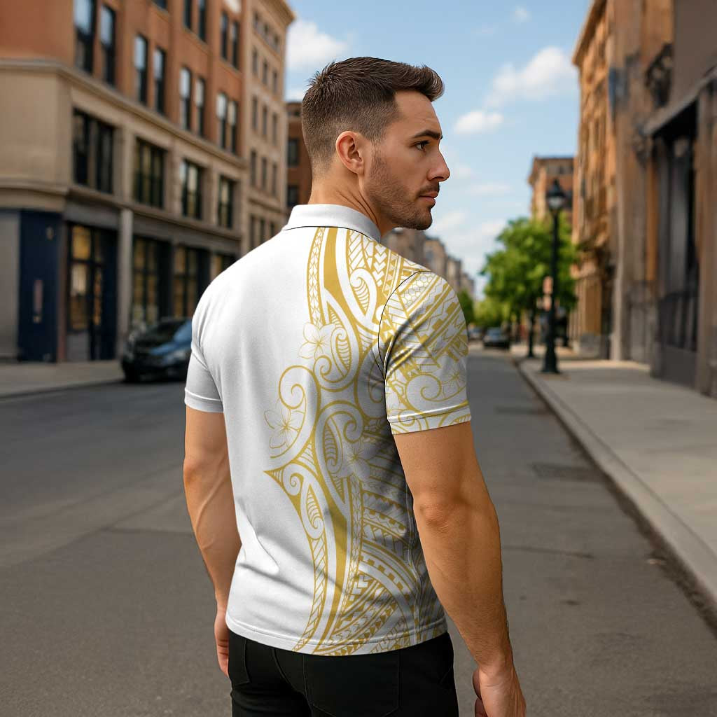 Polynesia White Sunday Zipper Polo Shirt Plumeria Polynesian Tribal Gold Color - Polynesian Pride