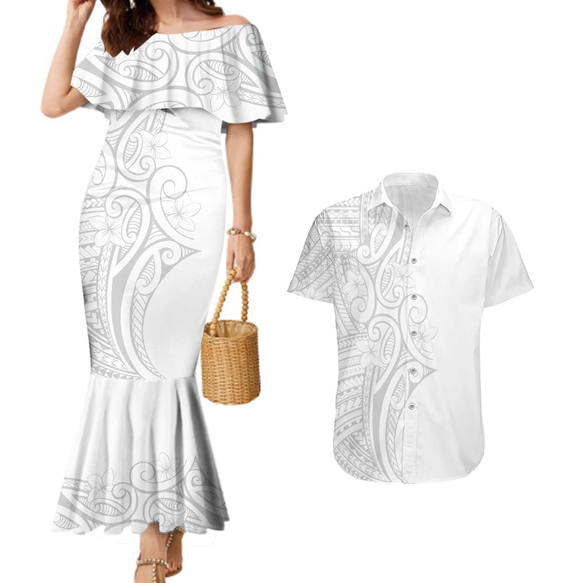 Polynesia White Sunday Couples Matching Mermaid Dress and Hawaiian Shirt Plumeria Polynesian Tribal Grey Color - Polynesian Pride