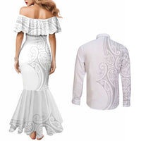 Polynesia White Sunday Couples Matching Mermaid Dress and Long Sleeve Button Shirt Plumeria Polynesian Tribal Grey Color - Polynesian Pride