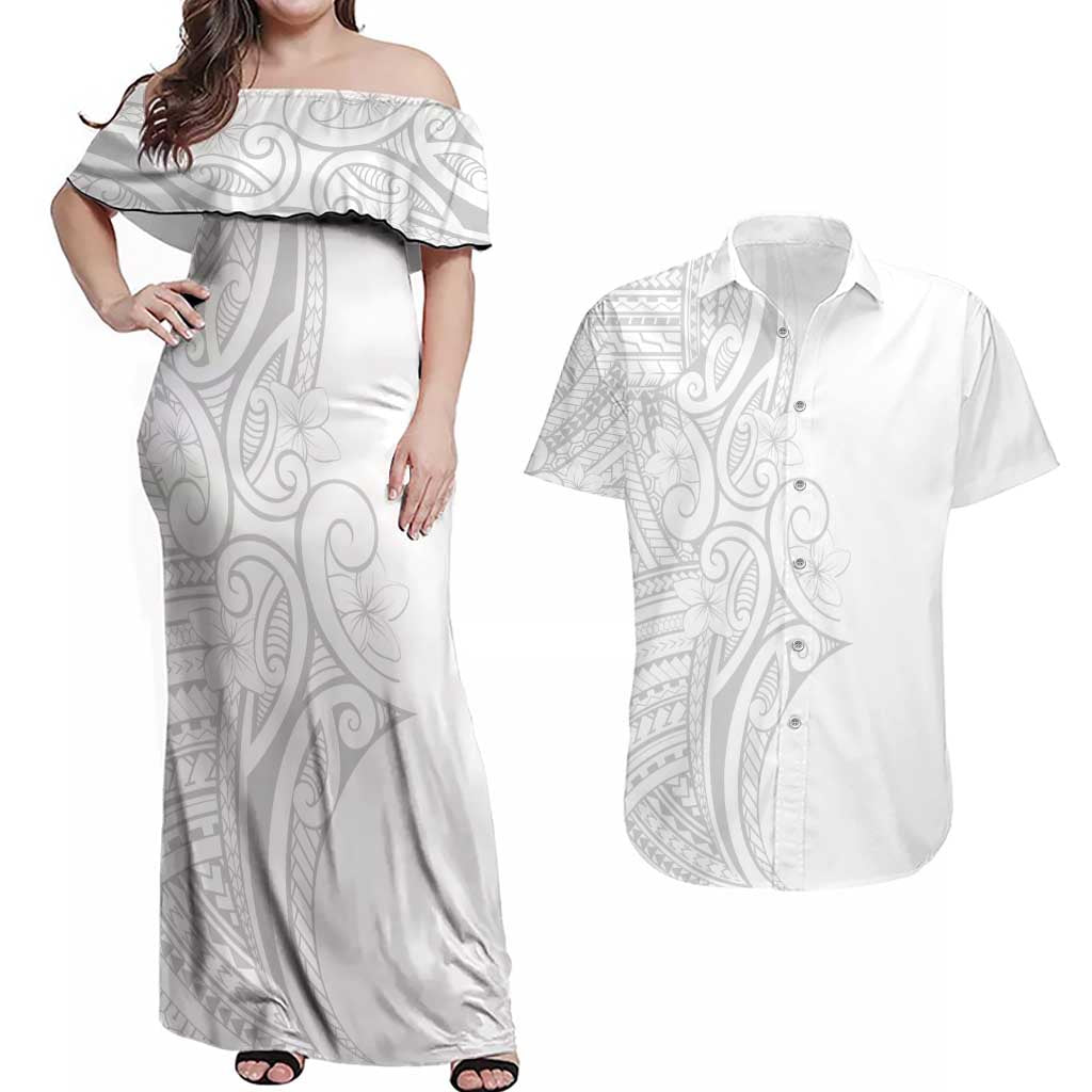 Polynesia White Sunday Couples Matching Off Shoulder Maxi Dress and Hawaiian Shirt Plumeria Polynesian Tribal Grey Color - Polynesian Pride