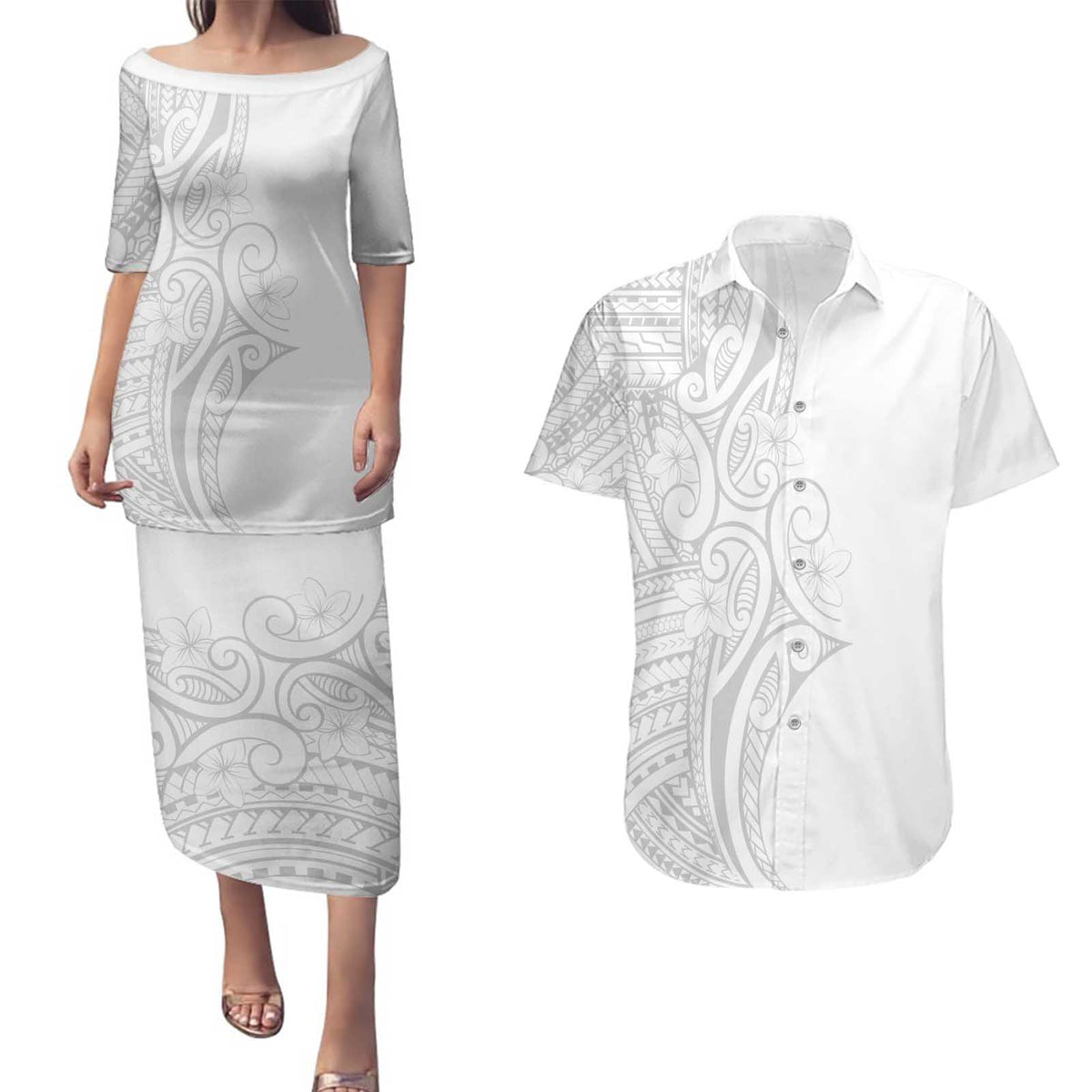 Polynesia White Sunday Couples Matching Puletasi and Hawaiian Shirt Plumeria Polynesian Tribal Grey Color - Polynesian Pride