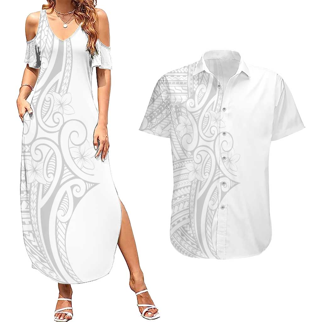Polynesia White Sunday Couples Matching Summer Maxi Dress and Hawaiian Shirt Plumeria Polynesian Tribal Grey Color - Polynesian Pride
