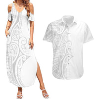 Polynesia White Sunday Couples Matching Summer Maxi Dress and Hawaiian Shirt Plumeria Polynesian Tribal Grey Color - Polynesian Pride