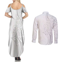 Polynesia White Sunday Couples Matching Summer Maxi Dress and Long Sleeve Button Shirt Plumeria Polynesian Tribal Grey Color - Polynesian Pride