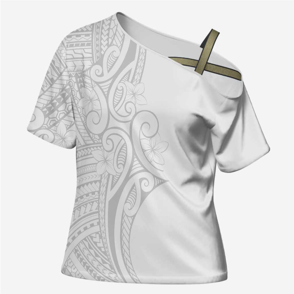 Polynesia White Sunday Cross Shoulder Shirt Plumeria Polynesian Tribal Grey Color - Polynesian Pride