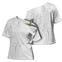 Polynesia White Sunday Cross Shoulder Shirt Plumeria Polynesian Tribal Grey Color - Polynesian Pride