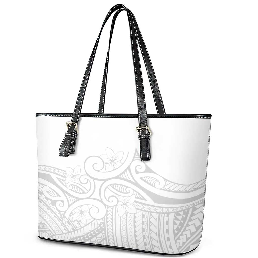 Polynesia White Sunday Leather Tote Bag Plumeria Polynesian Tribal Grey Color - Polynesian Pride