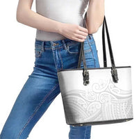 Polynesia White Sunday Leather Tote Bag Plumeria Polynesian Tribal Grey Color - Polynesian Pride