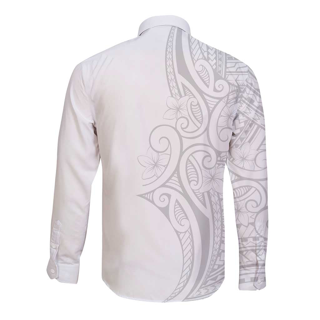 Polynesia White Sunday Long Sleeve Button Shirt Plumeria Polynesian Tribal Grey Color - Polynesian Pride