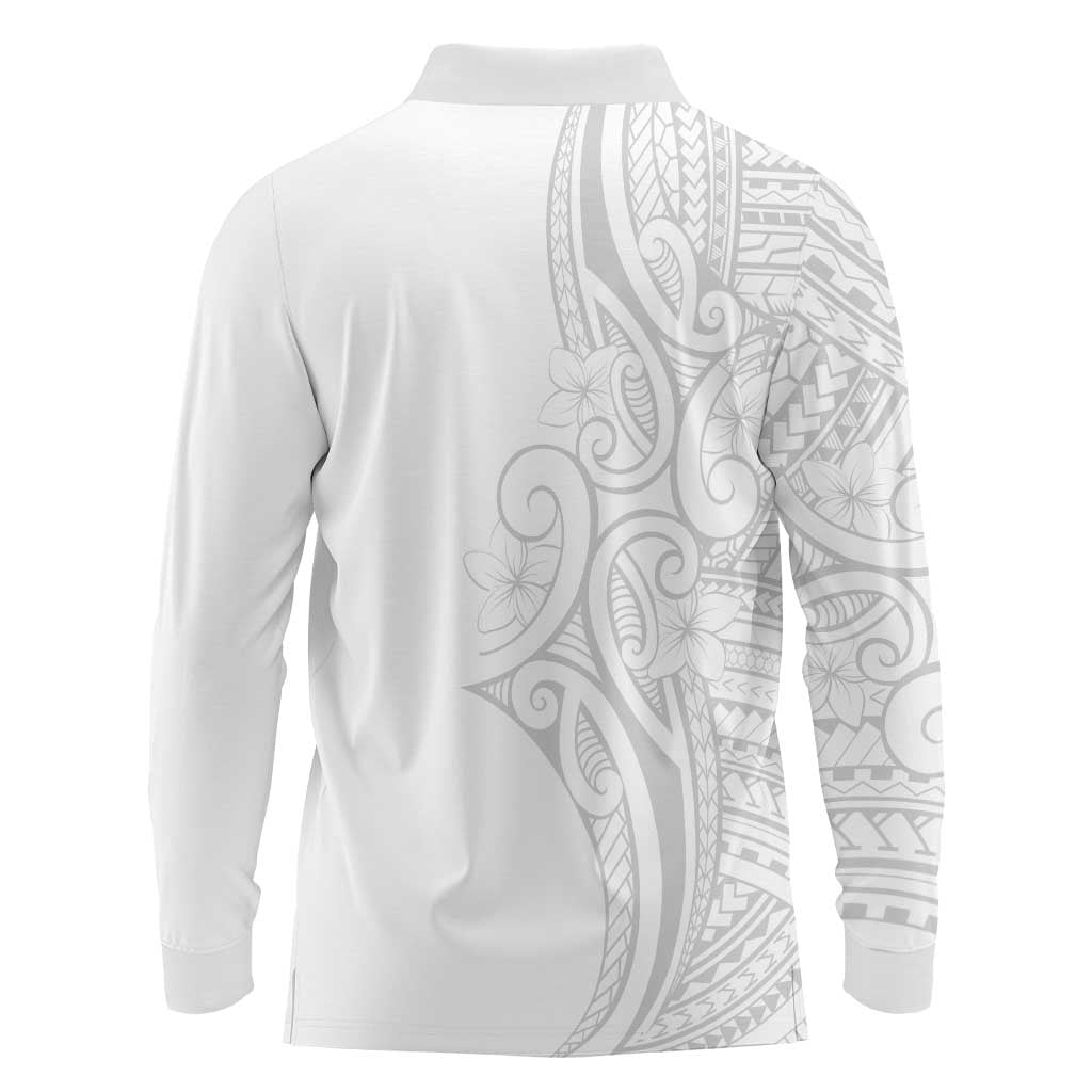 Polynesia White Sunday Long Sleeve Polo Shirt Plumeria Polynesian Tribal Grey Color - Polynesian Pride