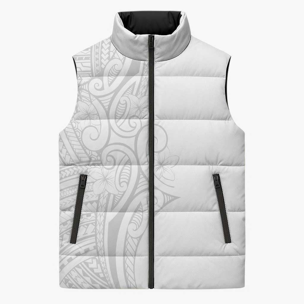 Polynesia White Sunday Sleeveless Puffer Jacket Plumeria Polynesian Tribal Grey Color - Polynesian Pride