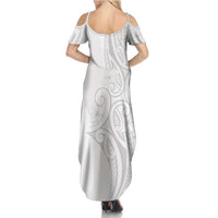 Polynesia White Sunday Summer Maxi Dress Plumeria Polynesian Tribal Grey Color - Polynesian Pride