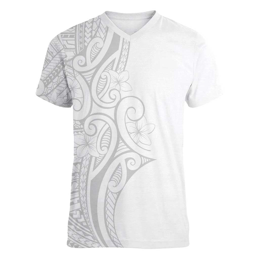 Polynesia White Sunday Women V-Neck T-Shirt Plumeria Polynesian Tribal Grey Color - Polynesian Pride