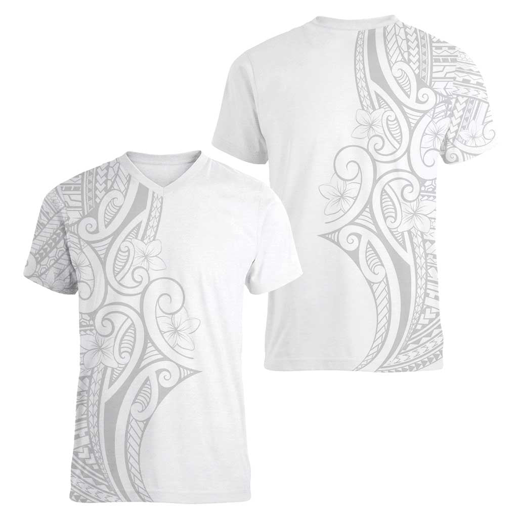 Polynesia White Sunday Women V-Neck T-Shirt Plumeria Polynesian Tribal Grey Color - Polynesian Pride